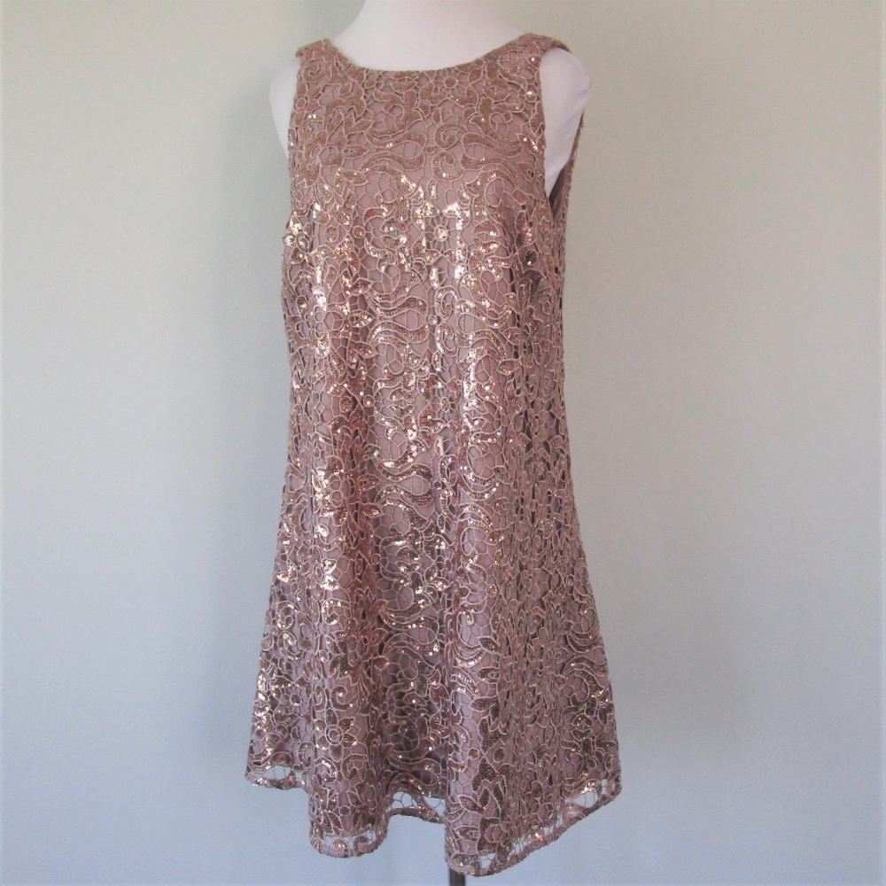 Badgley Mischka Rose Gold Sequin Cocktail Midi Dress